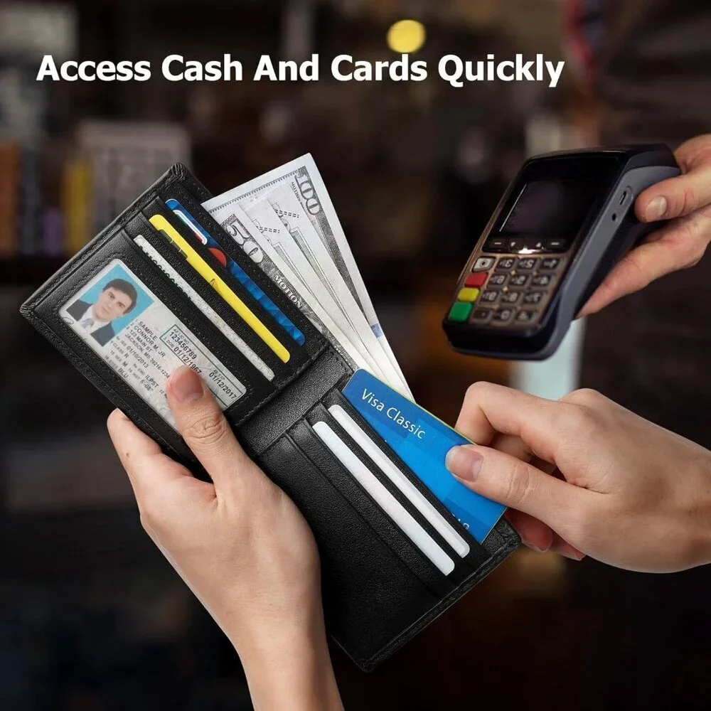 Men's Slim Bifold Wallet Credit Card Black Genuine Leather Blocking Designed